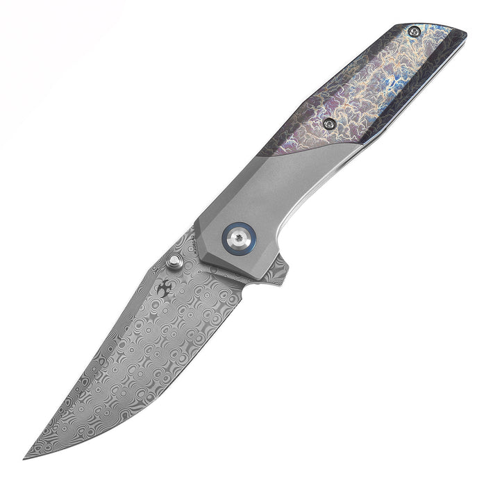 KANSEPT Deadite Thumb Stub Beadblasted Titanium & Titanium with Lightning Strike Finish Handle (3.52''Damascus Blade ) Tuffknives Designed - K1081A2