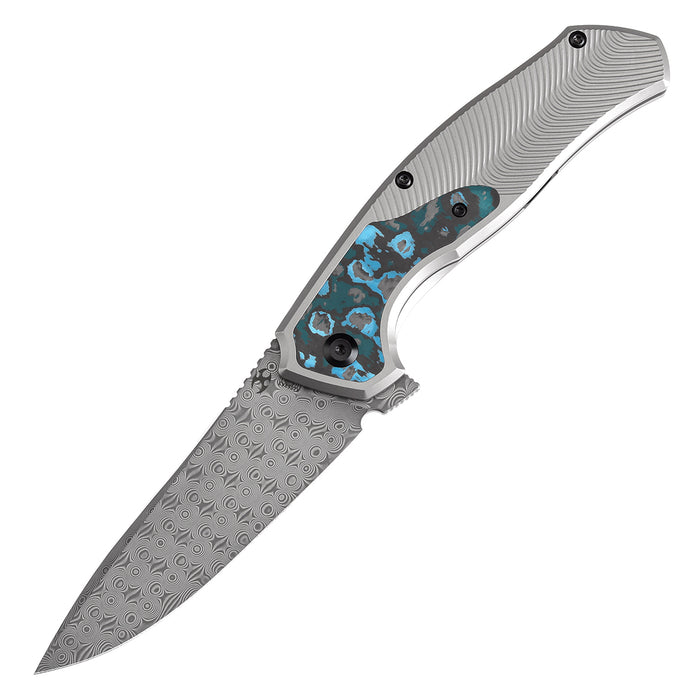 KANSEPT HAVØRN Flipper Titanium with Arctic Storm Fat Carbon Handle (3.48''Damascus Blade )Djinn Design -K1069A3