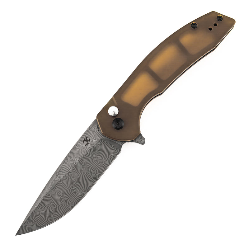 Kansept Accipiter | Button Lock | Amber PEI/Ultem | 3.53"Damascus with Water Ripple Pattern Blade | T1007F1