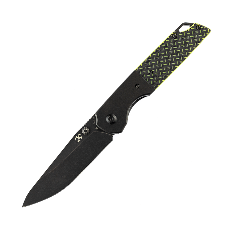 KANSEPT Warrior T1005S2 Black TiCn Coated and Stonewashed Drop Point D2 Blade Black Anodized Aluminum Bolster + Black and Green G10 Handle with Kim Ning Design