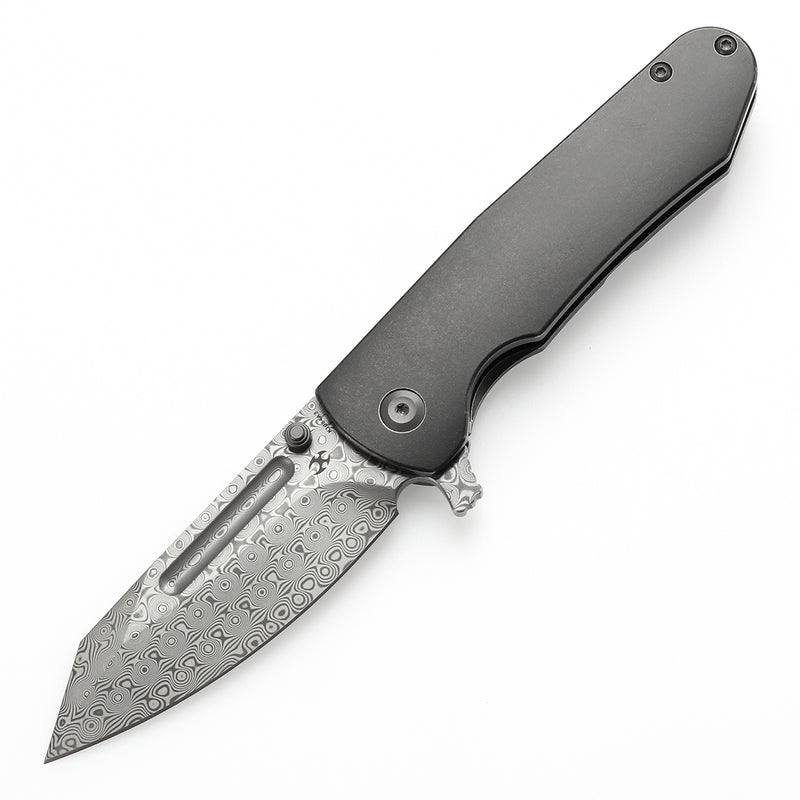 KANSEPT Superhawk Flipper Knife Blackwash Titanium Handle(3.89''Damascus Blade) Warhawk Knives Design-K1084A3