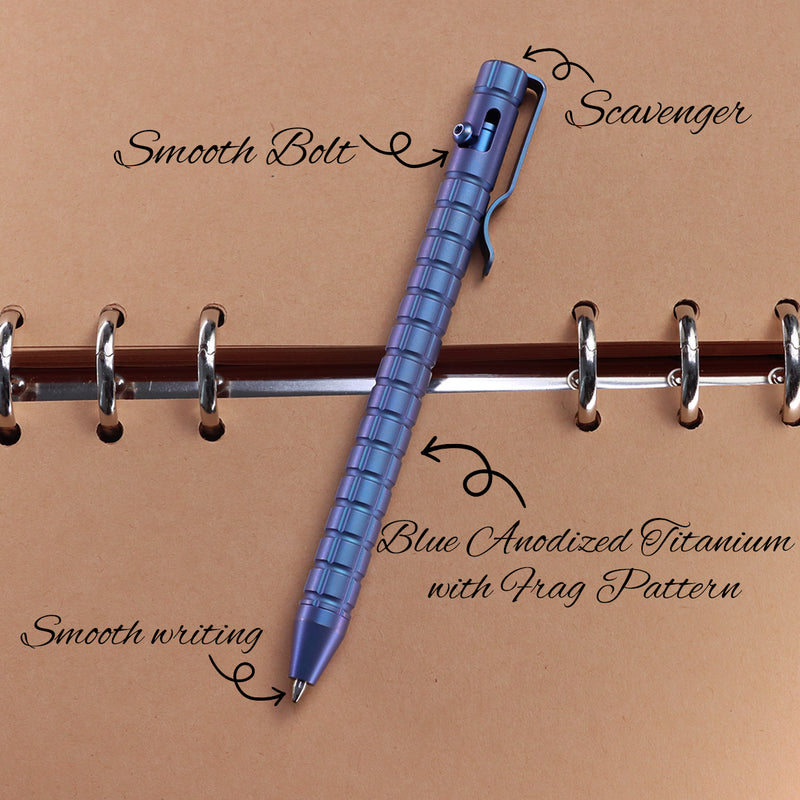 Kansept EDC Scavenger Bolt Action Blue Anodized Titanium Pen with Frag Pattern Designed by Kevin Passon-G013H5