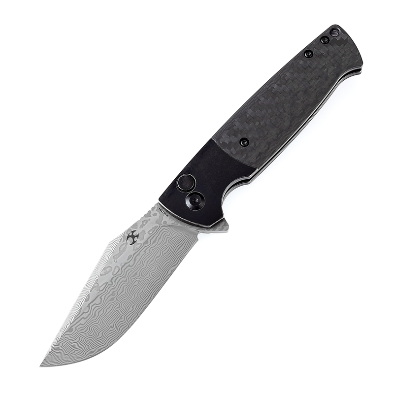 Shikari SBL  Button Lock K2027D1 Damascus Blade Black Stonewashed Titanium +Twill Carbon Fiber Handle with Morgan Koens Dessign