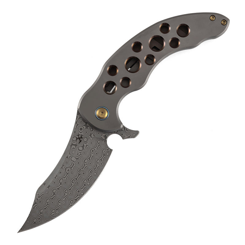 KANSEPT Gilgamesh Flipper Bronze Anodized Titanium with Holes Handle ( 3.75" Damascus Blade) Andreas Goltz Designed- K1128A5