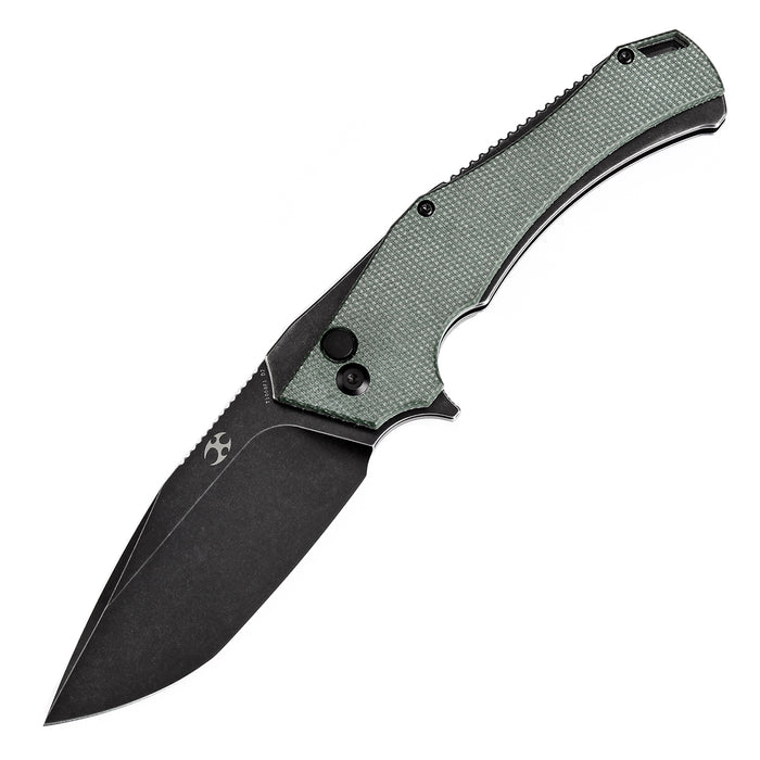 KANSEPT Hellx Button Lock Green Micarta Handle (3.6''D2 Blade )Mikkel Willumsen Design -T1008F1