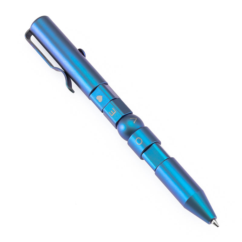 Kansept EDC Customizer Bolt Action Blue Anodized Titanium Pen with 'LOVE' Pattern Designed by Kevin Passon-G013P3