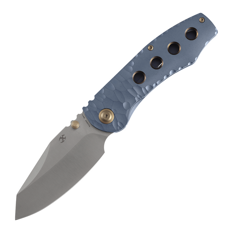 Kansept Caveman | Frame Lock | Blue Anodized and Stonewashed Titanium with CNC-machined Rock Pattern | 3.57" CPM 20CV Blade |  Jesse Pauley Designed | K1110A5