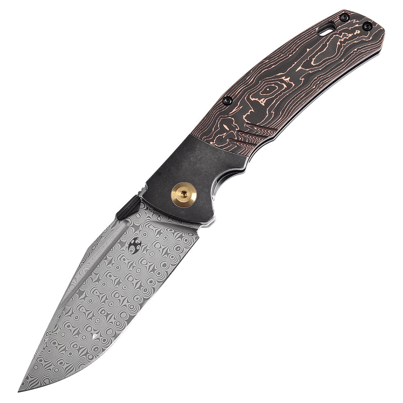 KANSEPT Hinterland Thumb Stub Blackwash Titanium and Copper Carbon Fiber Handle (3.58"Damascus Blade) Morgan Koens Design-K1057A3