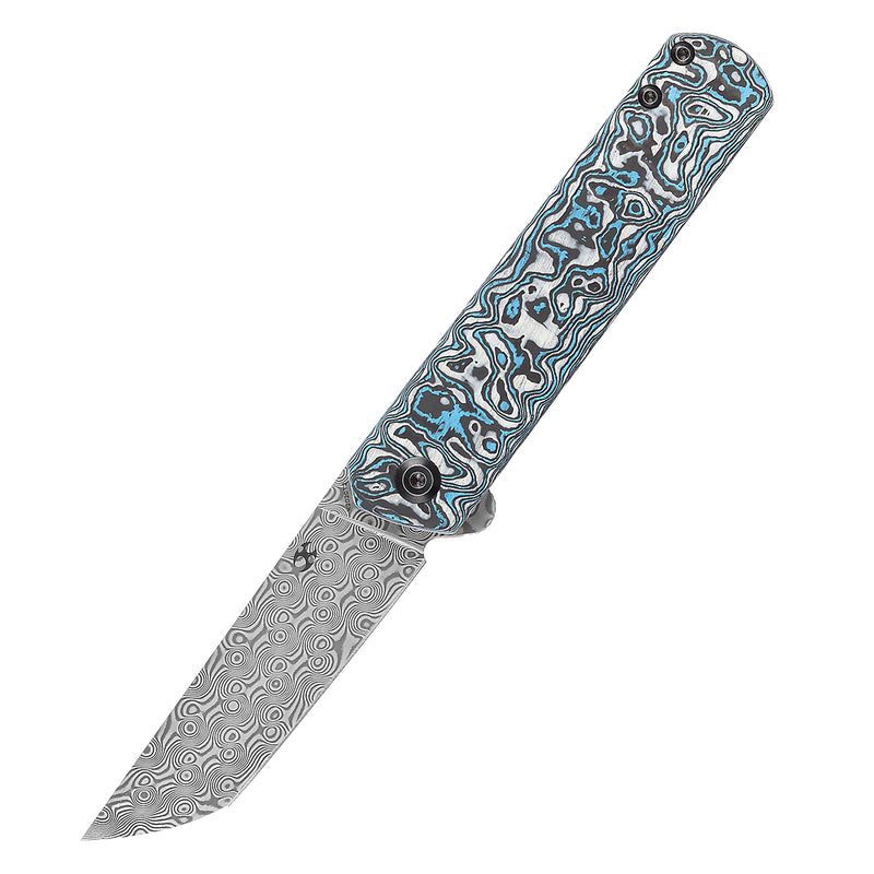 KANSEPT Foosa Slip Joint/Flipper Knife Blue White Carbon Fiber Handle (3.06"Damascus Blade) Rolf Helbig Design-K2020T2