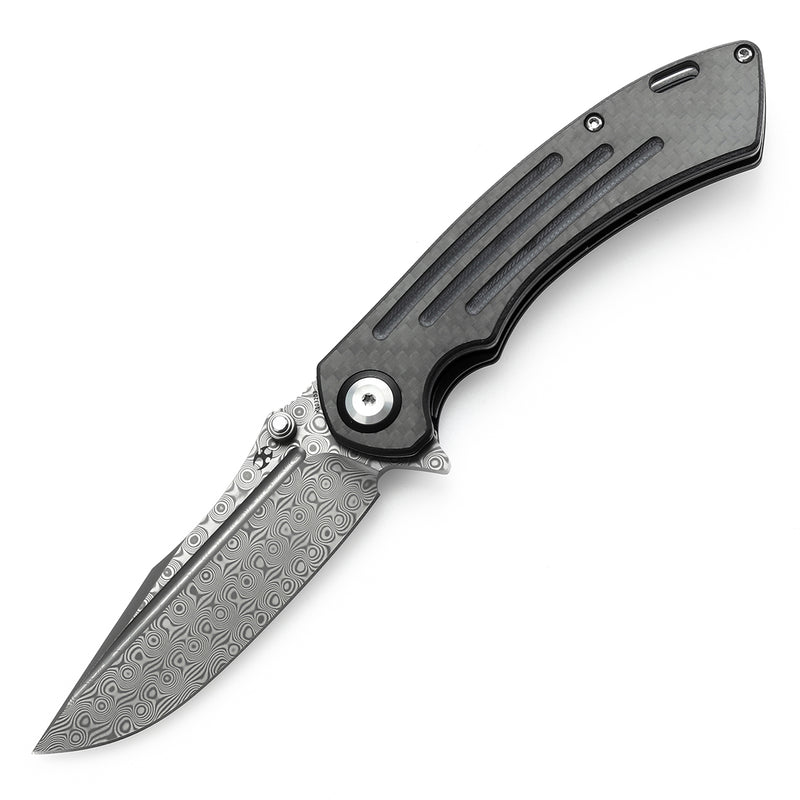 KANSEPT Pretatout Thumb Stub Flipper Carbon Fiber and G10 Handle (3.56“ Damascus Blade) with Kmaxrom Design-K1032D3