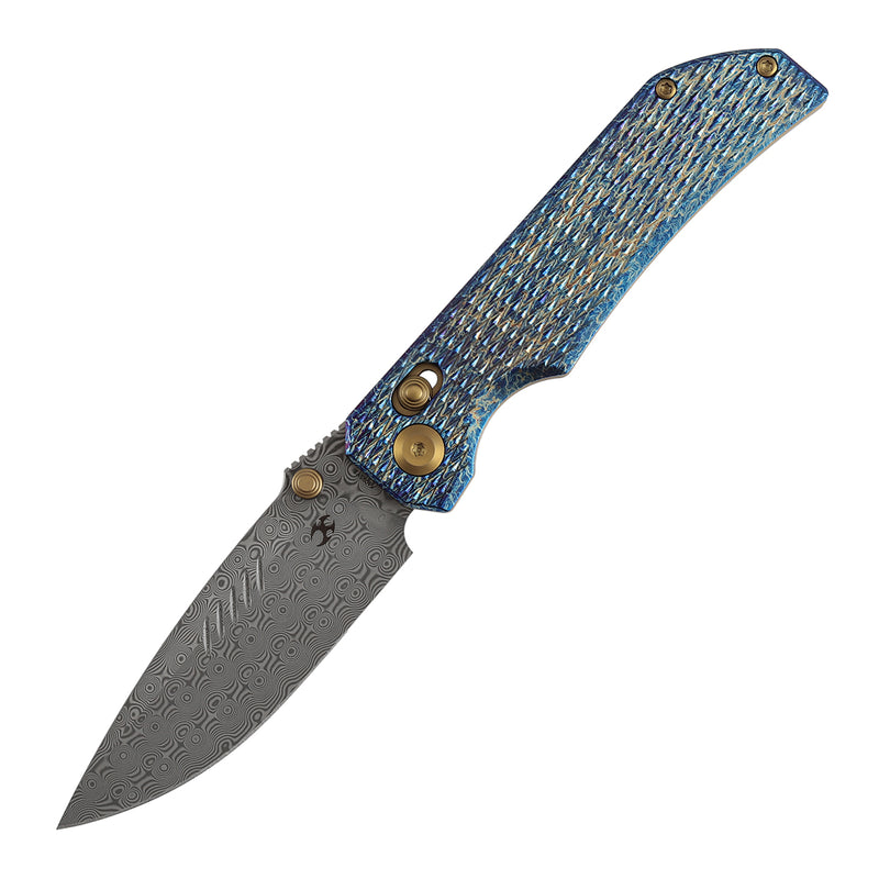 KANSEPT Eaglestrike Crossbar Lock Knife Lightning Strike Finish Titanium with Diamond Pattern Handle(3.73'' Damascus Blade) James Lowe Design-K1095V5