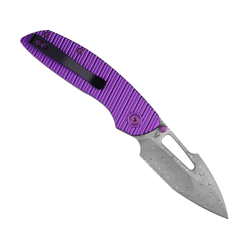 Link | Top Liner Lock | Purple Aluminum with Milled Grooves | 2.98" Damascus | Triple Stripe Knives | T1068H2