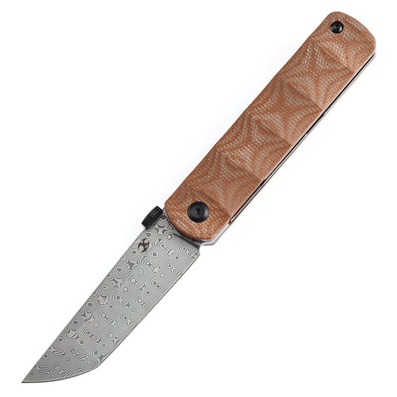 KANSEPT BTF Thumb Disc Knife Brown Micarta Handle (3.24'' Damascus Blade)Rolf Helbig-K1064A4