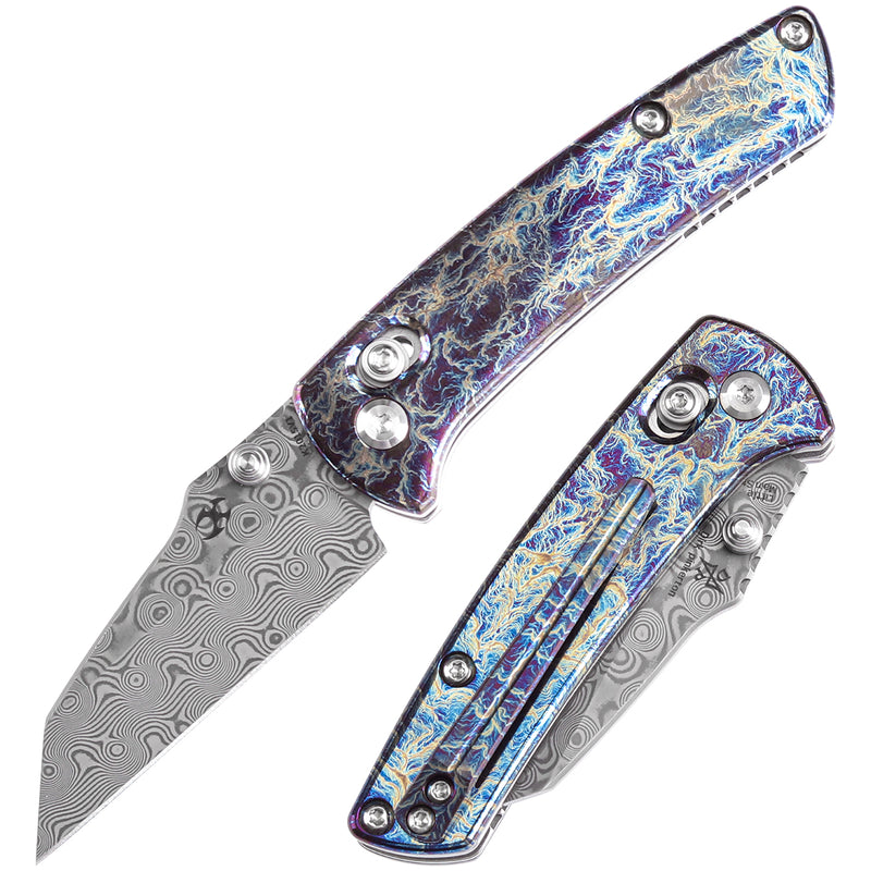 KANSEPT Little Main Street Cross Bar Lock Titanium with Lightning Strike Finish Handle (2.26'' Damascus Blade) Dirk Pinkerton Design K2015V1