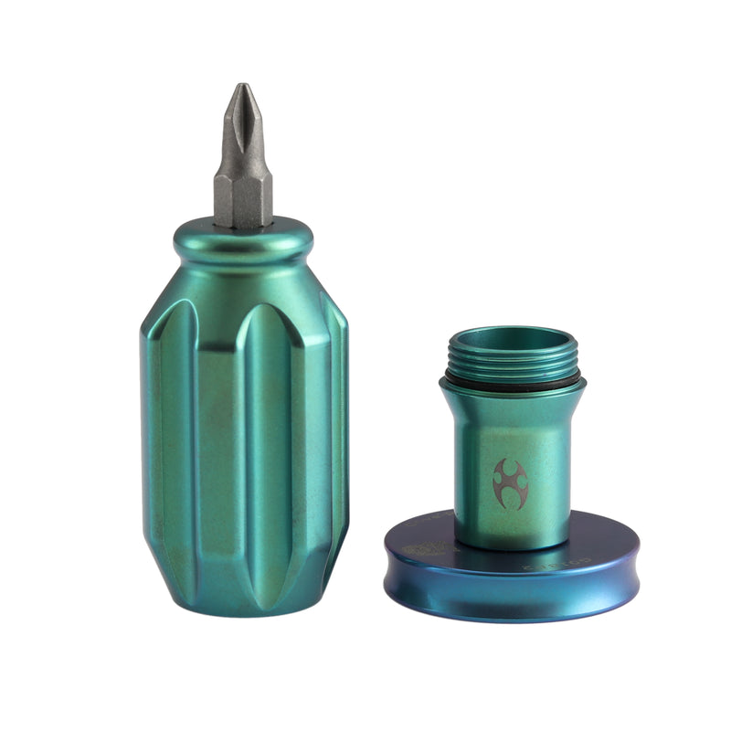 Kansept EDC Bit Driver Drive-R-Saurus G018P2 – Green Anodized Titanium Palm Multitool with Spinner Top | Jesse Pauley Design