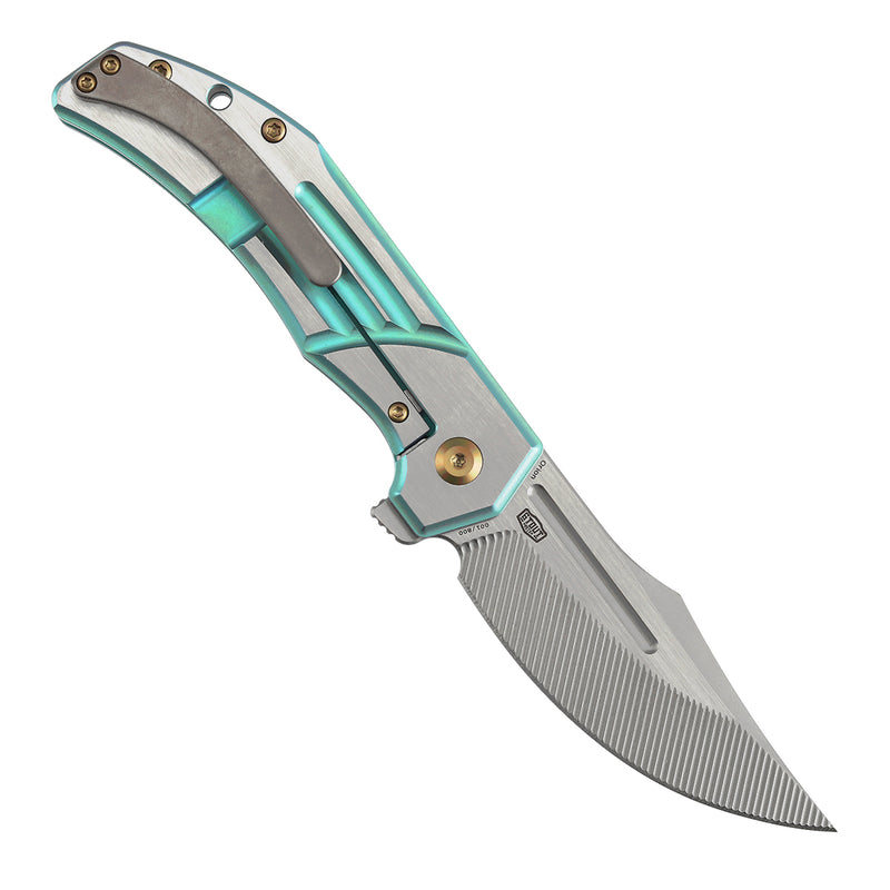 KANSEPT Orion Limited Version Flipper Green Anodized and Machine Satin Titanium Handle (3.07" Machine Satin CPM S35VN with CNC Milling Blade) JB Stout Design-K1089B4