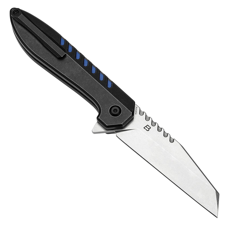 KANSEPT Kosame Button Lock Blackwash Titanium with Blue G10 Inlay (3.37" 154CM Blade) with EI Spade Design-T1093F4