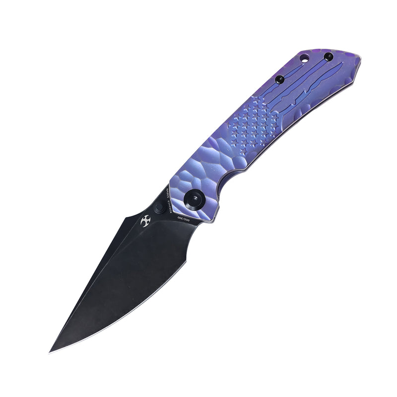 Kansept Exclusive Fenrir  | Frame Lock | Purple Anodized Titanium with CNC-machined American Flag Pattern | 3.48'' CPM S35VN Blade | Sparrow Knife Design | K1034C6