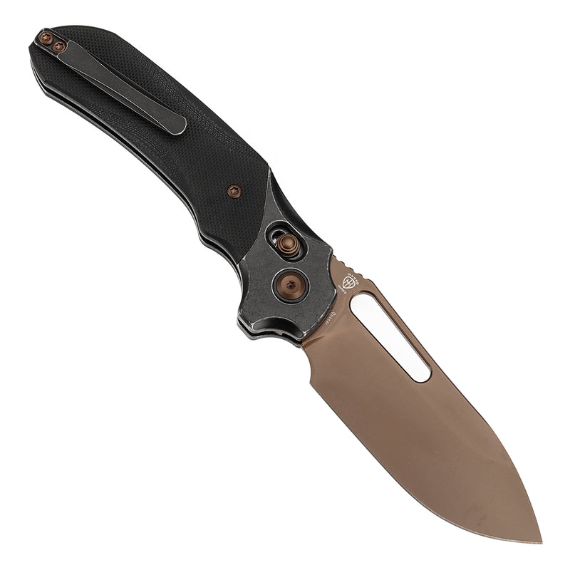 KANSEPT Quasar Cross Bar Lock Black G10 Handle (3.38" Dark Rose Gold Finished 154CM Blade) with Munko Knives Design-T1099V3