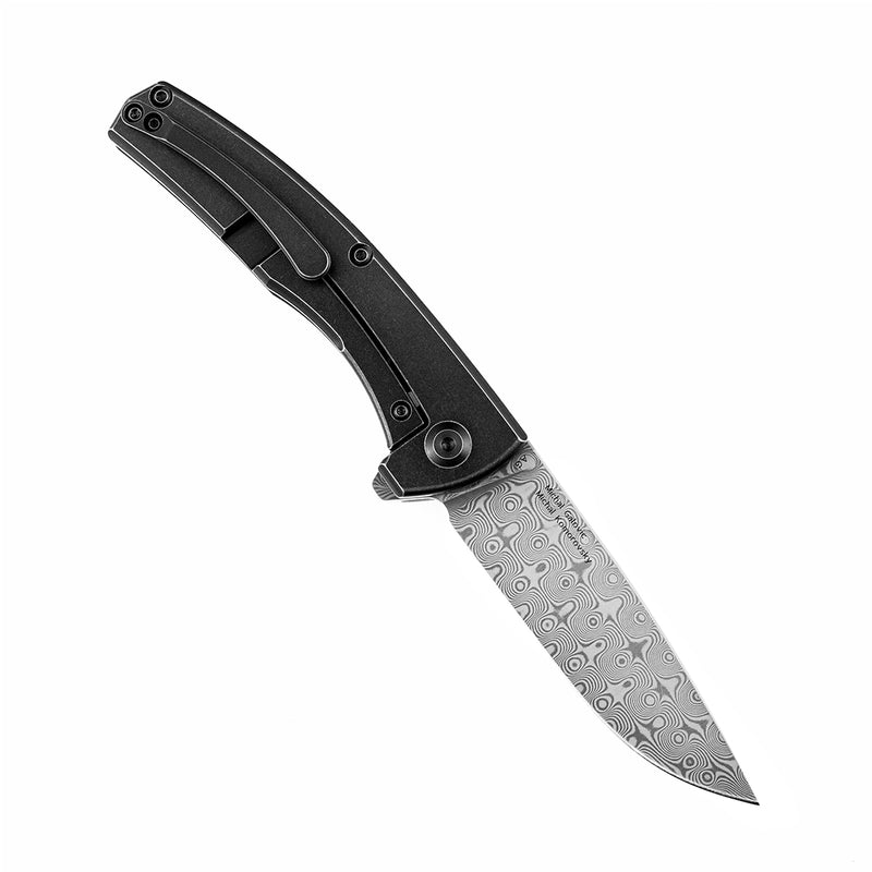 KANSEPT AGI Flipper Knife  Twill Carbon Fiber + Titanium Handle (2.94''Dmascus Blade) Michal Galovic & Michal Komorovsky Design-K2037A2