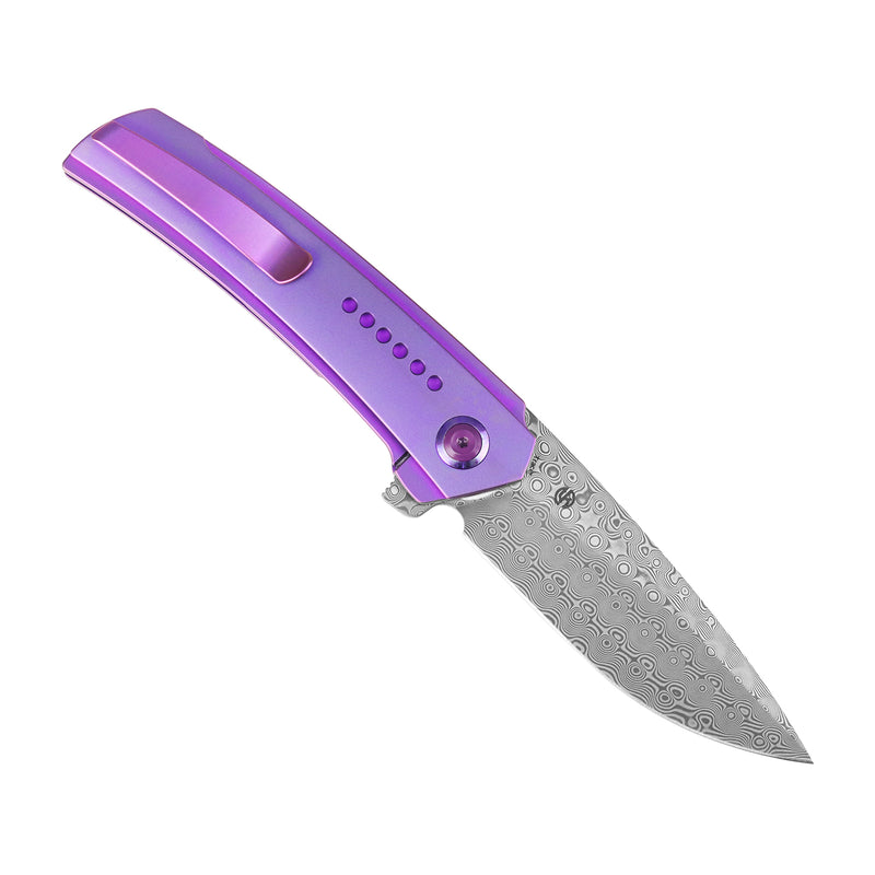 Tracer | Frame Lock | Purple Anodized Titanium | 3.46" Rose Pattern Damascus | Tuff Knives | K1115A3