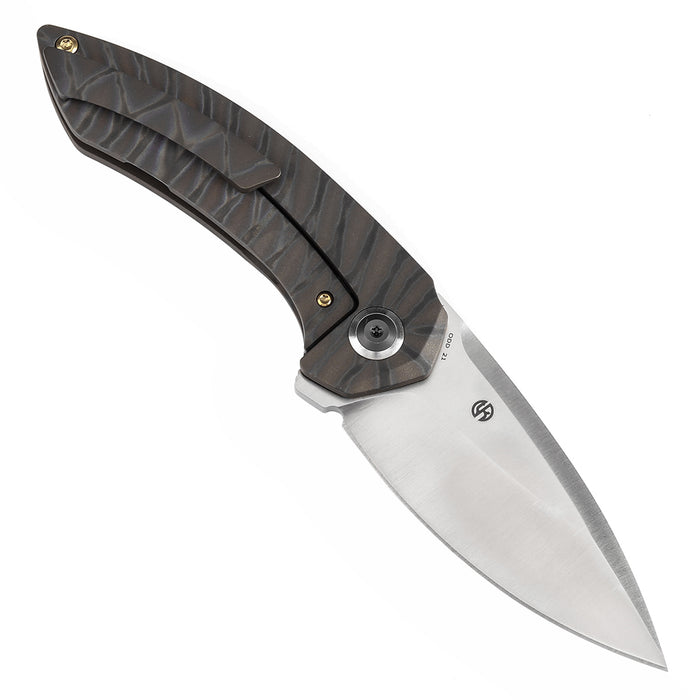 KANSEPT ODD 21 Front Flipper Titanium with Tiger Stripe Finish Handle (3.08'' CPM 20CV Blade) Tuffknives Design -K1077A4