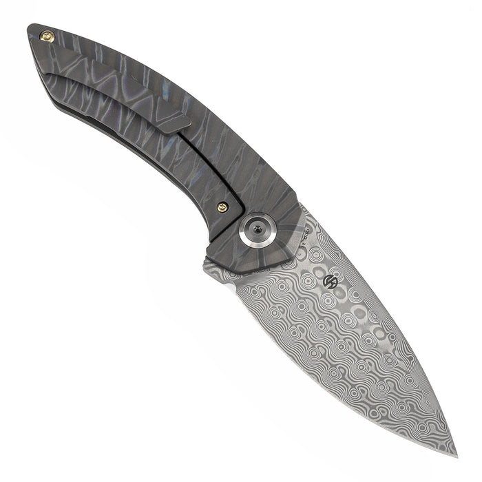 KANSEPT ODD 21 Front Flipper Titanium with Tiger Stripe Finish Handle (3.08'' Damascus Blade) Tuffknives Design -K1077A5