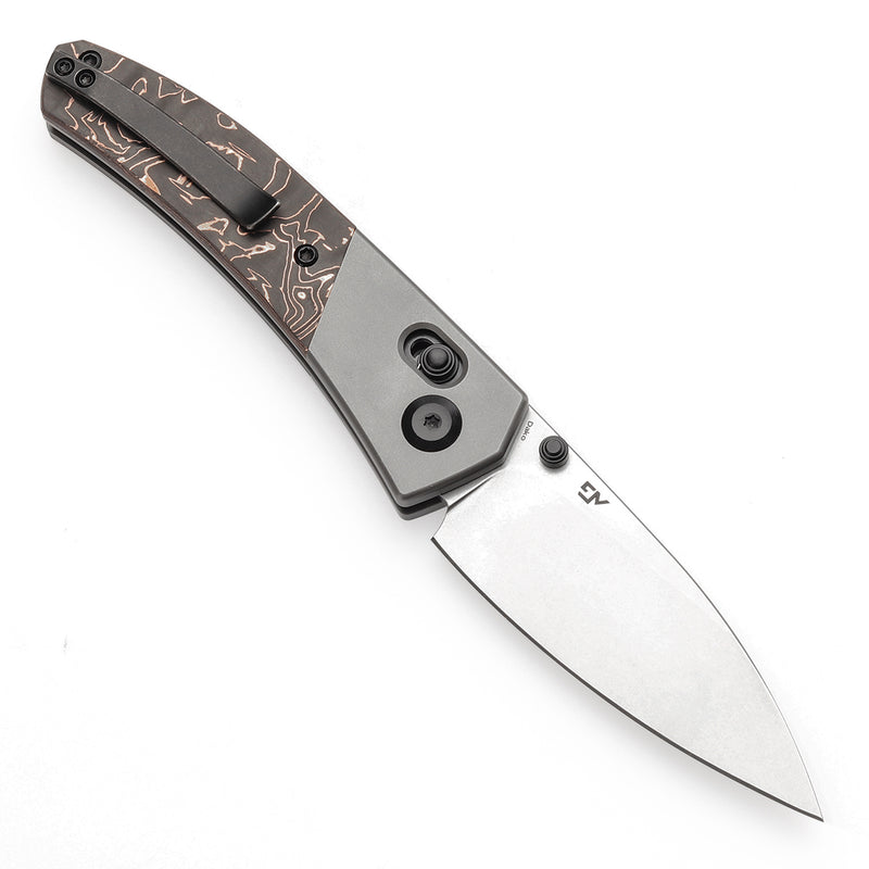 KANSEPT Dako Cross Bar Lock Stonewashed Titanium with Copper Carbon Fiber Handle (3.19" CPM S35VN Blade) with Eddy M Design-K1101V2