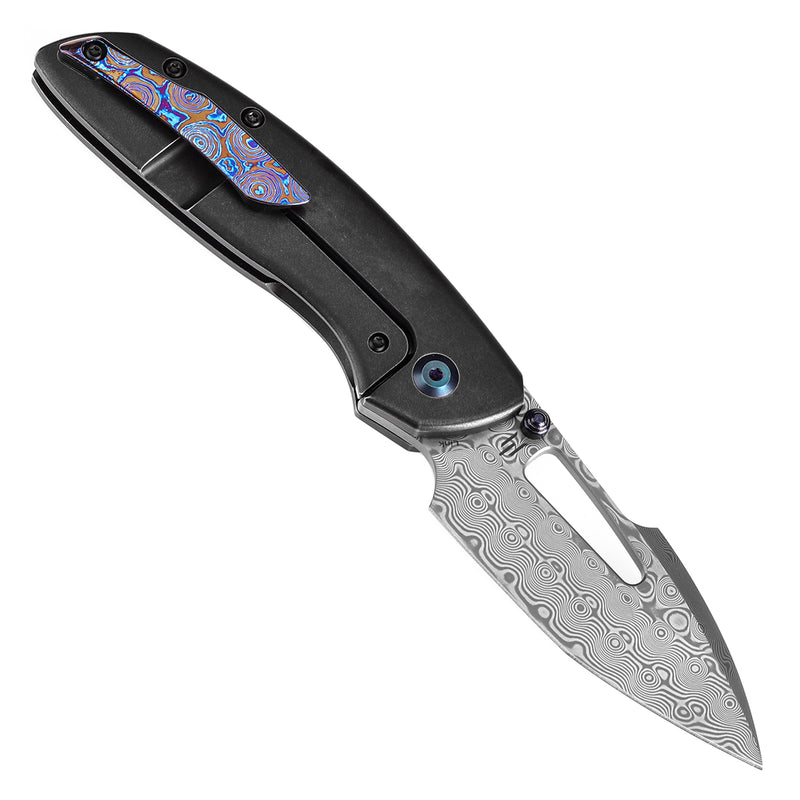 KANSEPT Link Thumb Studs Blackwash Titanium Handle with Timascus Clip (3.0''Damascus Blade )Johnathan Shaw Design-K1068A4