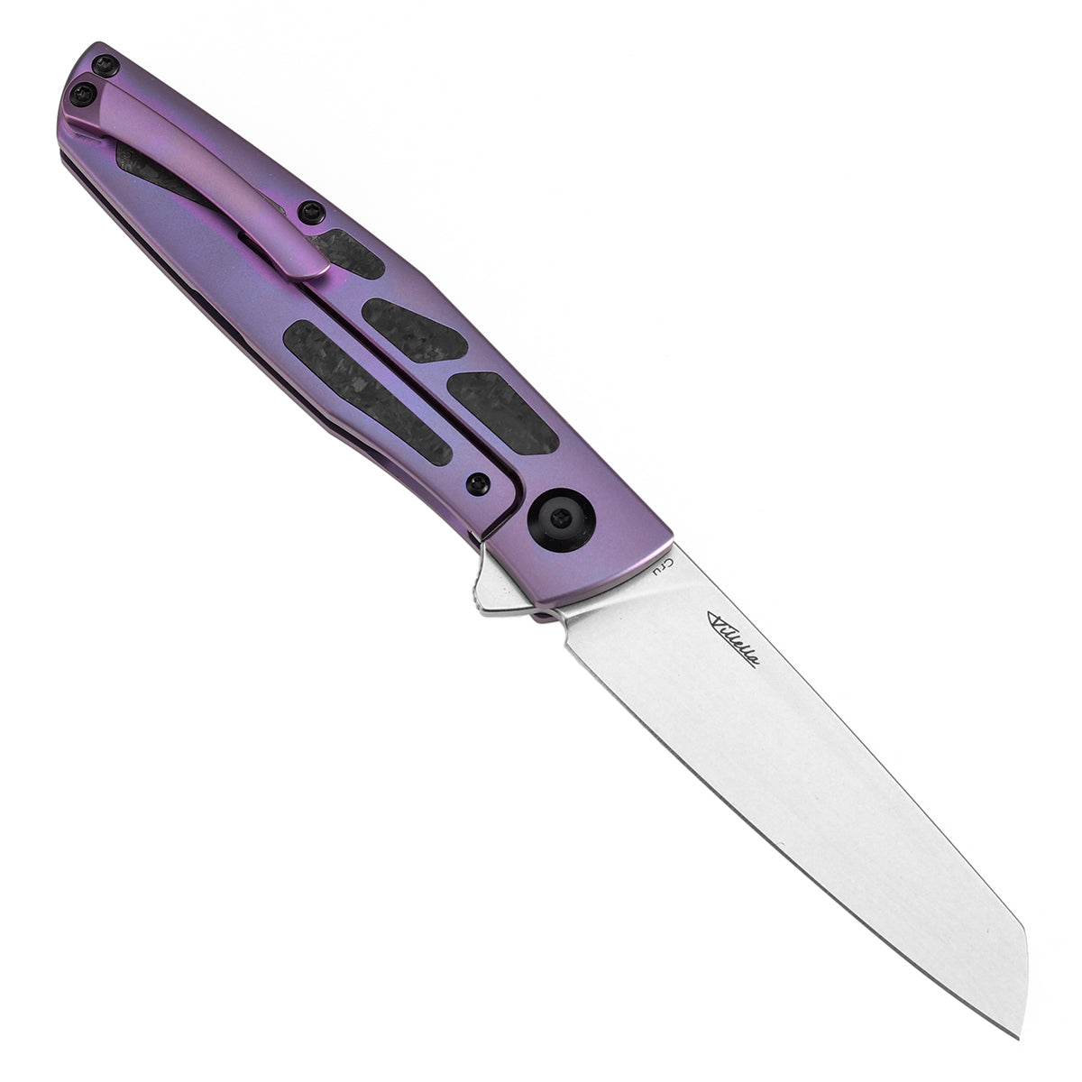 KANSEPT Cru Flipper Knife Purple Anodized Titanium & Shred Carbon