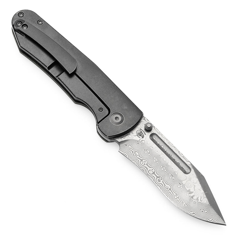 KANSEPT Superhawk Thumb Stub Knife Blackwash Titanium & Green Carbon Fiber Handle(3.89''Damascus Blade) Warhawk Knives Design-K1084B3