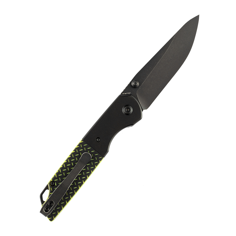 KANSEPT Warrior T1005S2 Black TiCn Coated and Stonewashed Drop Point D2 Blade Black Anodized Aluminum Bolster + Black and Green G10 Handle with Kim Ning Design