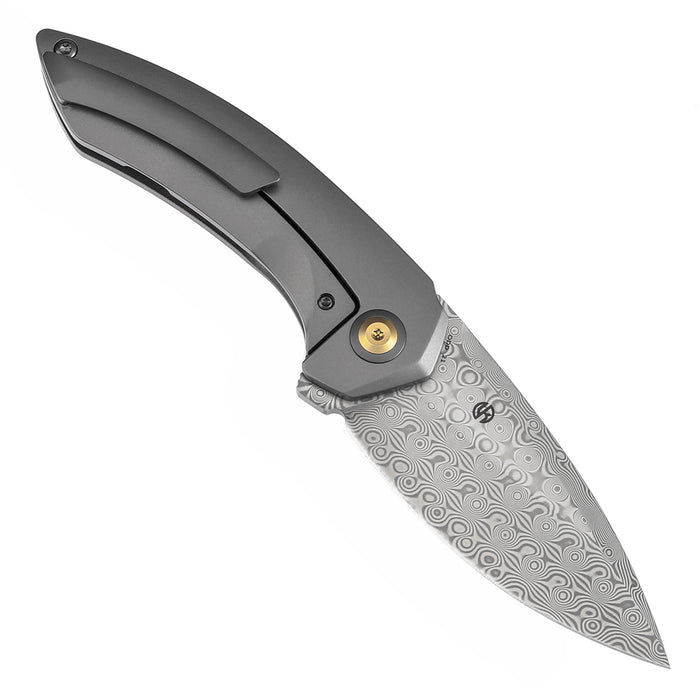 KANSEPT ODD 21 Front Flipper Grey Anodized Titanium with Bronze Holes Handle (3.08'' Damascus Blade) Tuffknives Design -K1077A2