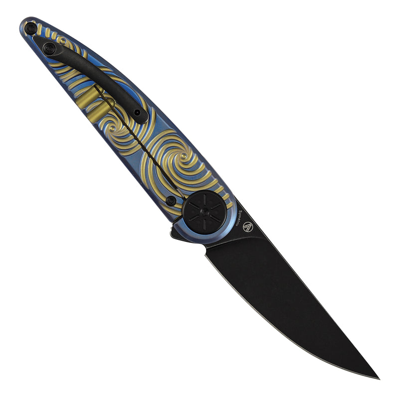 Symétrix | Frame Lock | Blue Anodized Titanium with Gold Swirl Pattern | 2.85" CPM S35VN | Alain André Design | K2141A3