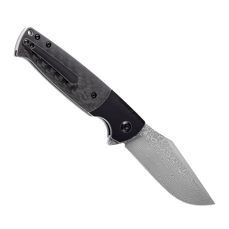 Shikari SBL  Button Lock K2027D1 Damascus Blade Black Stonewashed Titanium +Twill Carbon Fiber Handle with Morgan Koens Dessign