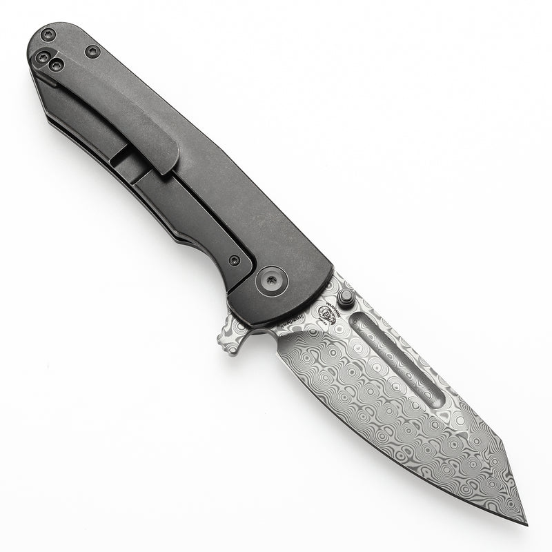 KANSEPT Superhawk Flipper Knife Blackwash Titanium Handle(3.89''Damascus Blade) Warhawk Knives Design-K1084A3