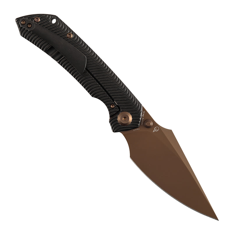 Kansept Fenrir  | Frame Lock | Blackwash Titanium with Micro Milled Water Ripple Texture | 3.48'' Rose Gold CPM S35VN Blade | Sparrow Knife Design | K1034C3