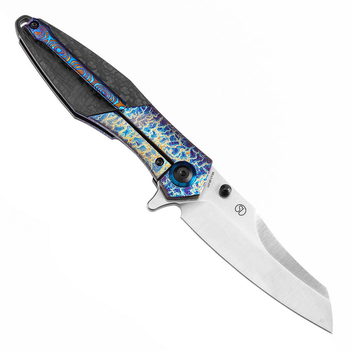 KANSEPT Thumb Stub Mistaken Lightning Strike Finish Titanium and Twill Carbon Fiber with Timascus Clip (3.15" CPM 20CV) Jonathan Styles Design- K1053A4