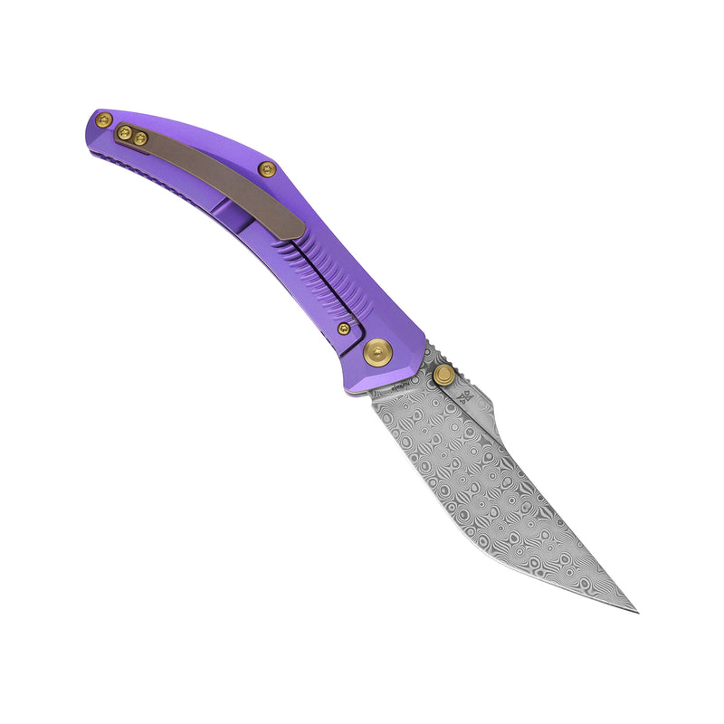 Navaja | Frame Lock | Purple Anodized Titanium | 3.12" Damascus | Pinkerton Knives | K1149A2