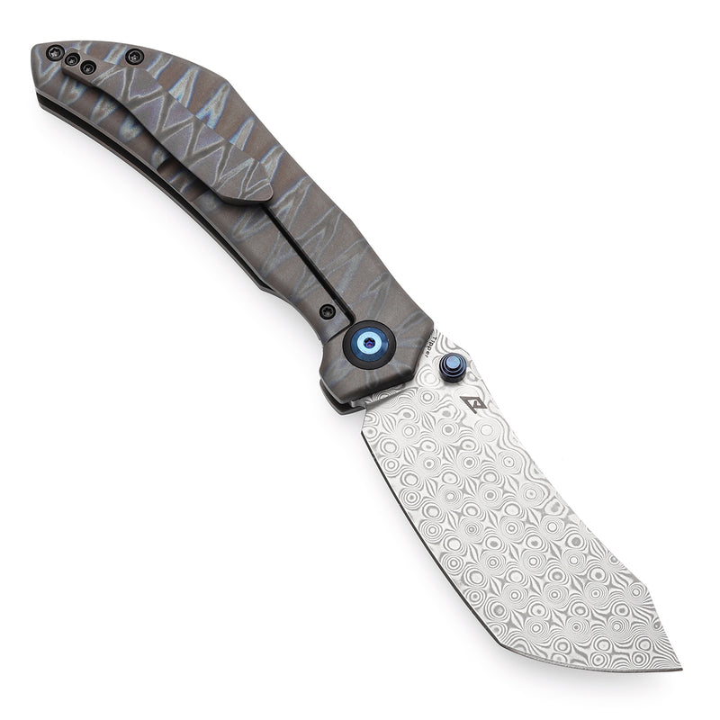 KANSEPT Tipper Thumb Stub Knife Titanium with Tiger Stripe Finish Handle(3.38'' Damascus Blade)Edgy Bladeworks Design-K1079A4