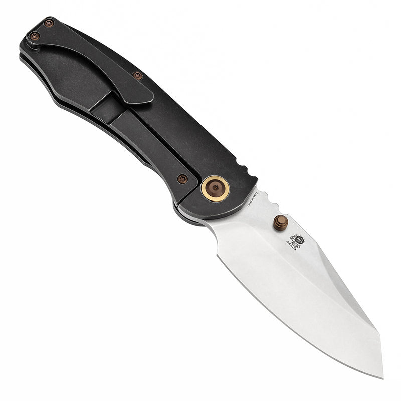 KANSEPT Caveman Thumb Stub Blackwash Titanium with Gecko CamoCarbon Handle (3.57" CPM 20CV Blade) with Jesse Pauley Design-K1110B1