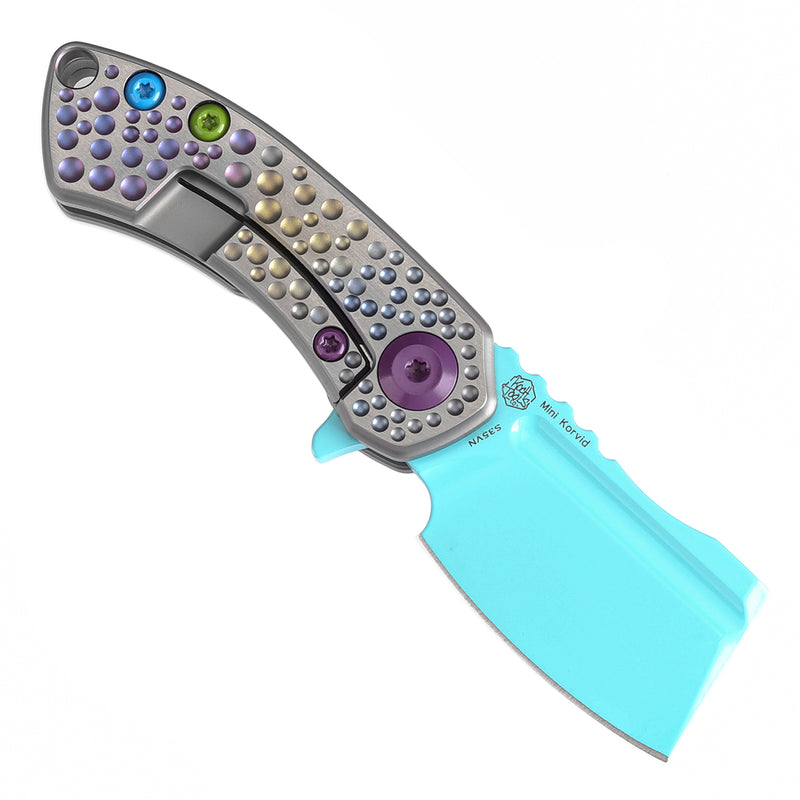 KANSEPT Mini Korvid Flipper knife Gradient Titanium Handle With Dimples Handle (1.45'' Light Blue Coating CPM S35VN Blade ) Koch Tools Design-K3030A10