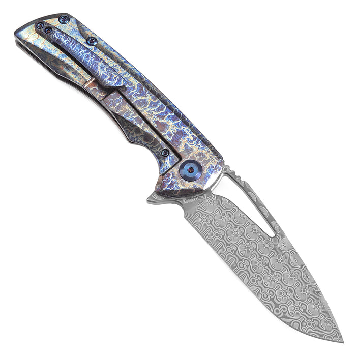 KANSEPT KRYO Thumb Hole Titanium with Lightning Strike Finish Handle (3.58" Damascus Blade) Kim Ning Design-K1001A6