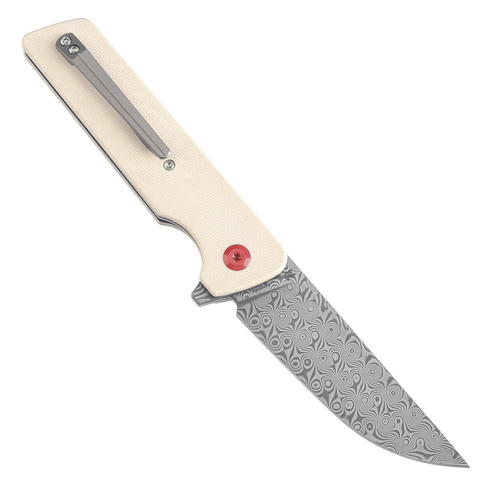 KANSEPT Anomaly Flipper Knife Ivory G10 Handle (3.14''Damascus Blade) Dirk Pinkerton-K2038A5