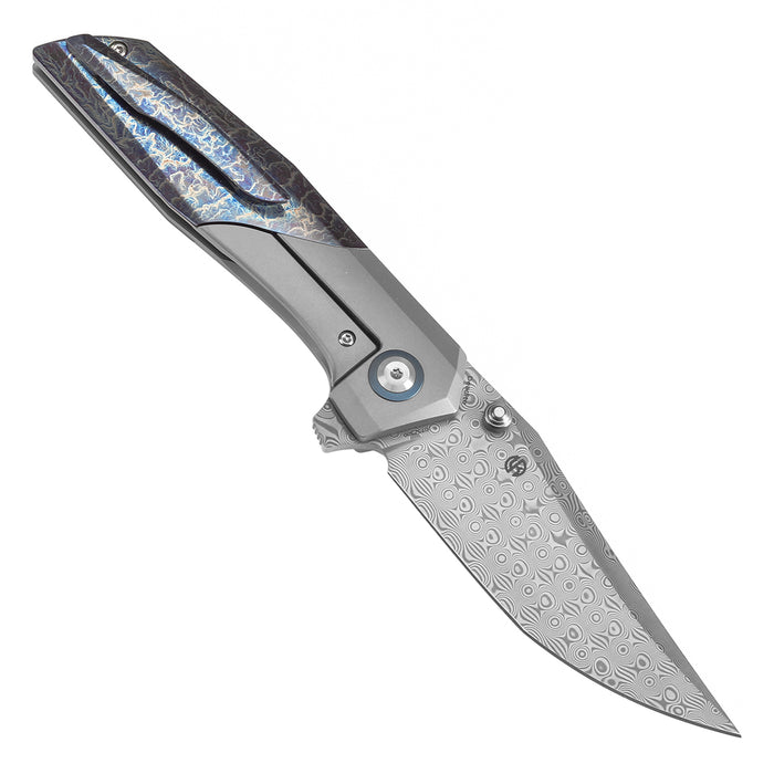 KANSEPT Deadite Thumb Stub Beadblasted Titanium & Titanium with Lightning Strike Finish Handle (3.52''Damascus Blade ) Tuffknives Designed - K1081A2