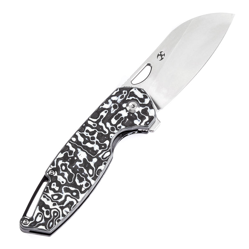 KANSEPT Model 6 Left-handed Flipper/Thumb Hole Knife Black White Carbon Fiber Handle (3.1'' CPM 20CV Blade) -K1022L2