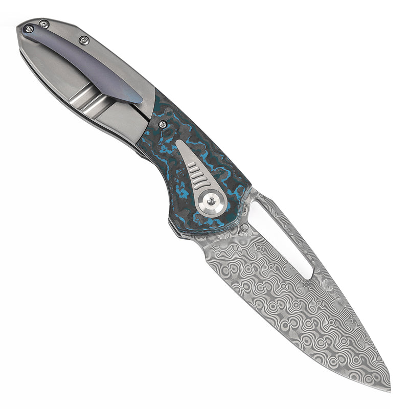 KANSEPT Thoth Thumb Hole Knife Bead Blasted Titanium and Arctic Storm Fat Carbon Handle (3.43''Damascus Blade ) Sparrow Knife Co Design -K1075A2