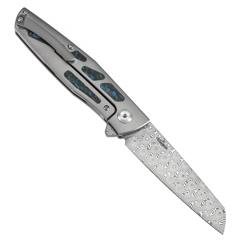KANSEPT Cru Flipper Knife Plain Titanium & Artic Storm Fatcarbon Handle(3.46''Damascus Blade) Villella Knives Design-K1092A3