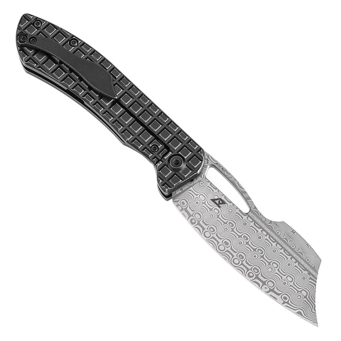 KANSEPT Cybin Thumb Hole Blackwash Titanium with Frag Pattern Handle (3.29''Damascus Blade ) Edgy Bladeworks Design -K1080A2