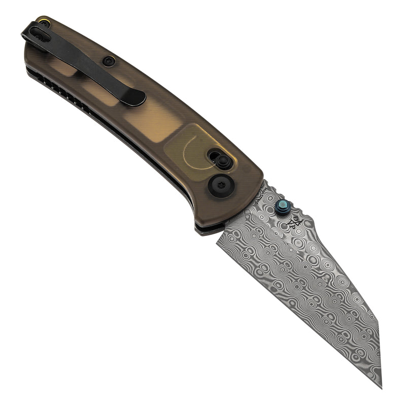 KANSEPT Main Street Thumb Studs/Crossbar Lock Knife Amber PEI/Ultem Handle (3.36''Damascus Blade) Dirk Pinkerton Design-T1015V12